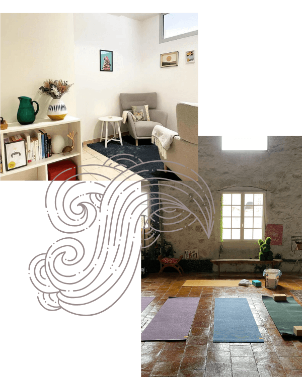 bureau thérapeute psycho-corporelle+yoga Narbonne Photo 1 : bureau de thérapie psycho-corporelle avec 2 fauteuils, une étagère et des cadres colorés Photo 2 : tapis de yoga dans une grande salle lumineuse