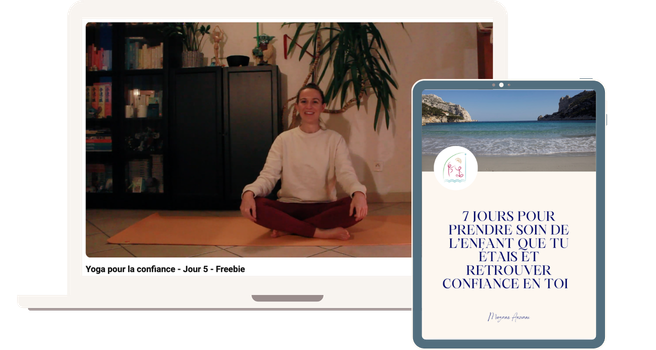 7 jours pour retrouver confiance_Ressource gratuite_Morgane Anziani thérapeute Montage avec un écran ordinateur : jour 5 du freebie avec du yoga et une tablette avec le document d'accompagnement du mini-programme 7 jours pour retrouver confiance en soi