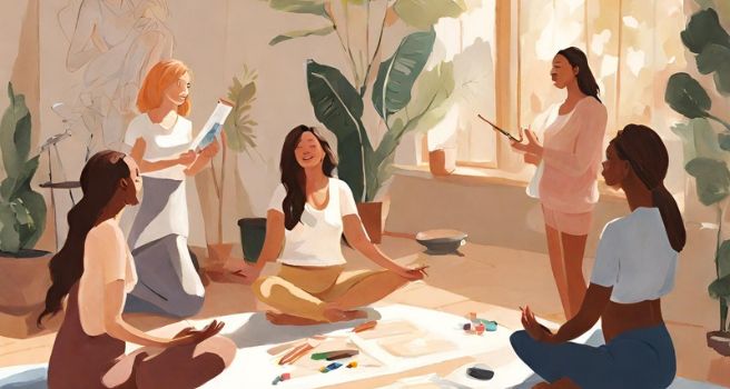 peinture d'un groupe de femmes entouré de tableau et en posture de méditation